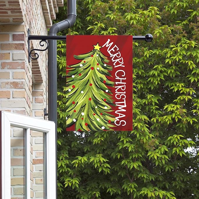 Merry Christma Garden Flag Xmas Tree Yard Flag Winter Wall Banners Red Green Trees Double Sided Vertical House Banner for Rustic Farmhouse Seasonal Outdoor Decoration 28 x 40 Inch