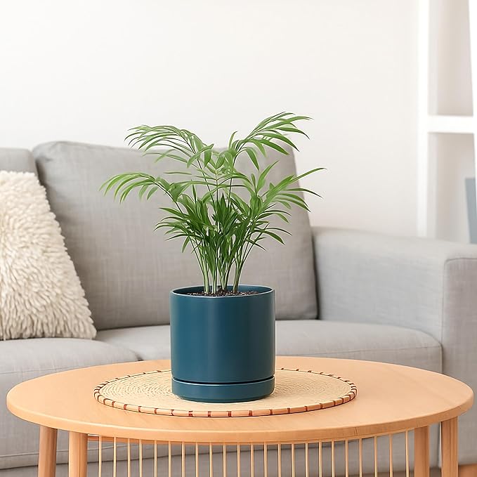 D'vine Dev 4.7 Inch & 6.5 Inch Ceramic Planter Pots for Plants with Drainage Hole and Saucer, Small Plant Pots Set, Teal, 94-G-S-9