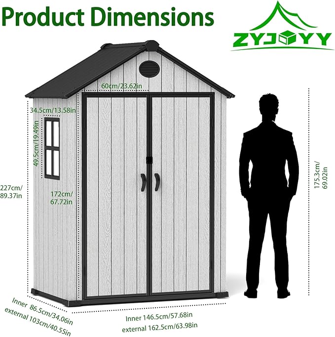 6 x 4 FT Shed Resin Outdoor Storage shed, 230 cuft Plastic Shed with Window and Lockable Door for Garden, Backyard, with Wood Texture, Grey
