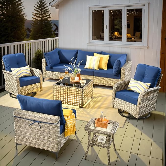 HOOOWOOO Outdoor Patio Furniture Set,8 Pieces Wicker Out Door Sectional Furniture L Shaped Couch,Patio Conversation Sets with Swivel Rocking Chair LED Table,Navy Blue