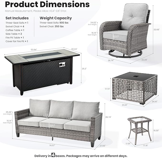 ovios 9 Pieces Patio Furniture Set, Outdoor Wicker Sofa Couch with Rocking Swivel Chairs Fire Pit Table, Modern Deep Seat Rattan Conversation Sets for Porch Deck, Dark Grey