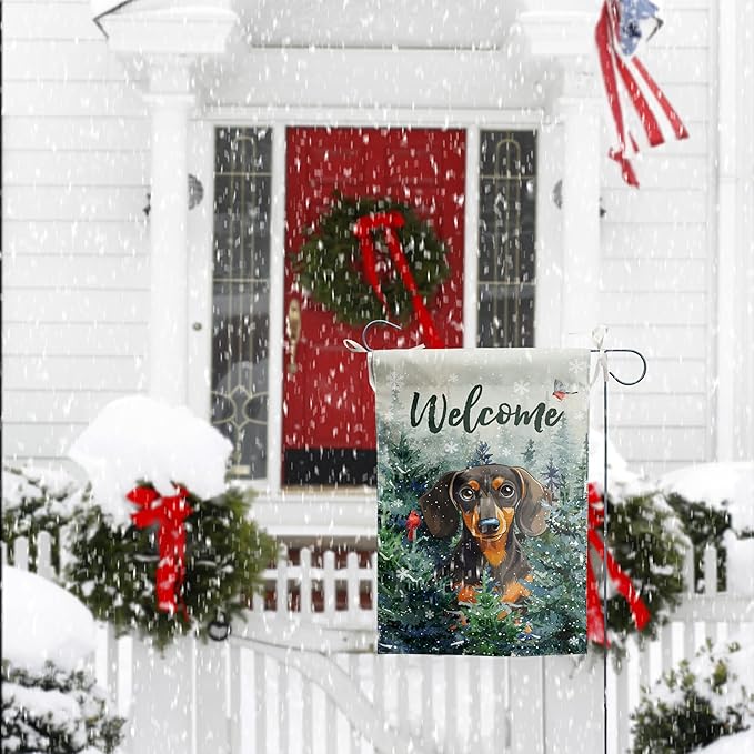 Welcome Winter Garden Flags Dachshund Garden Flag Cardinal Birds on Snowy Pine Tree Flag Dog Yard Flags for Outside 12x18 Double Sided Christmas Decorative Lawn Flags