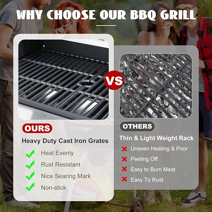 3-Burner Propane Gas Grill with Side Burner, 37,000 BTU Outdoor BBQ Grill with Porcelain-Enameled Cast Iron Grates, Thermometer, Double Layer Lid Stainless Steel Grill for Outdoor Cooking, Patio BBQ