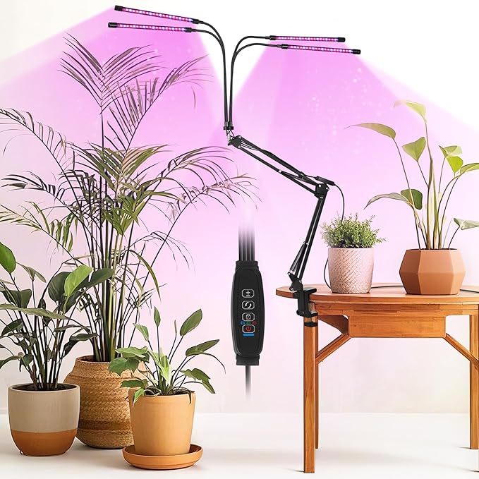 Grow Light for Indoor Plants, Full Spectrum Clip Plant Lamp for Indoor Plants, LED Growing Light with 4 Heads, Flexible Mount, 3/9/12H Timer, 10 Dimmable Level, 3 Spectral Modes