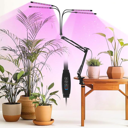 Grow Light for Indoor Plants, Full Spectrum Clip Plant Lamp for Indoor Plants, LED Growing Light with 4 Heads, Flexible Mount, 3/9/12H Timer, 10 Dimmable Level, 3 Spectral Modes