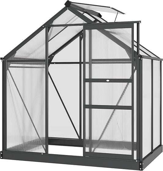 Outsunny 6' x 4' Greenhouse for Outdoors, Polycarbonate Greenhouse with Rain Gutter and Roof Vent, Aluminum Walk-in Green Houses for Outside for Patio Backyard Garden, Gray