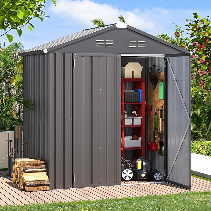 AECOJOY Shed 6' x 4' Storage Shed, Dark Grey Metal Sheds & Outdoor Storage Clearance, Utility and Tool Garden Shed with Lockable Doors for Backyard, Patio, Outside Use