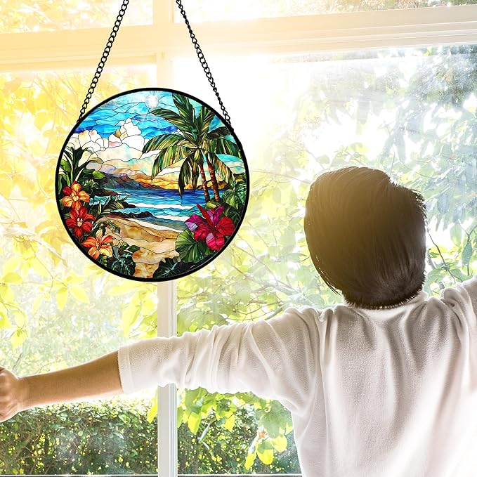 Stained Glass Window Hanging, Blue Beach Scenery Suncatcher Diamond Glass Panel Hangings Sun Catchers Decor for Birthday for Women, Men, Wife, Aunt, and Mom 7.8 in