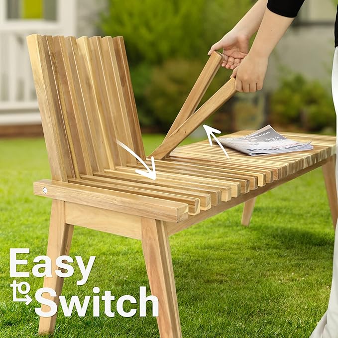 Melino Wooden Convertible Bench Picnic Table, Outdoor Bench Wood, 500Lbs Weight Capacity, Park Bench for Outdoors, Porch, Balcony