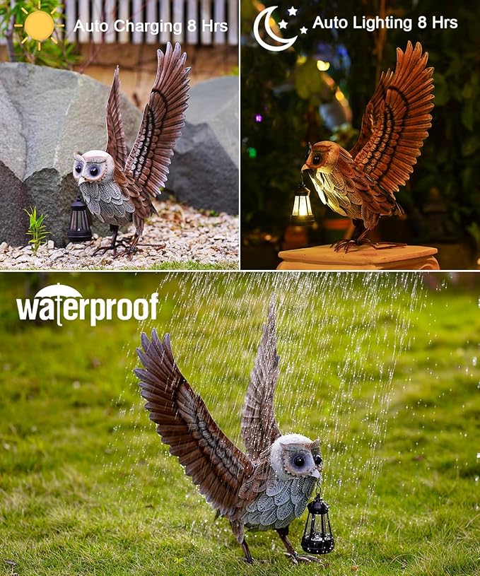 Nacome Garden Owl Statue for Yard Art: Metal Outdoor Sculptures with Solar Lantern for Clearance Lawn Decor for Patio Balcony Front - Gifts for Mom Grandma