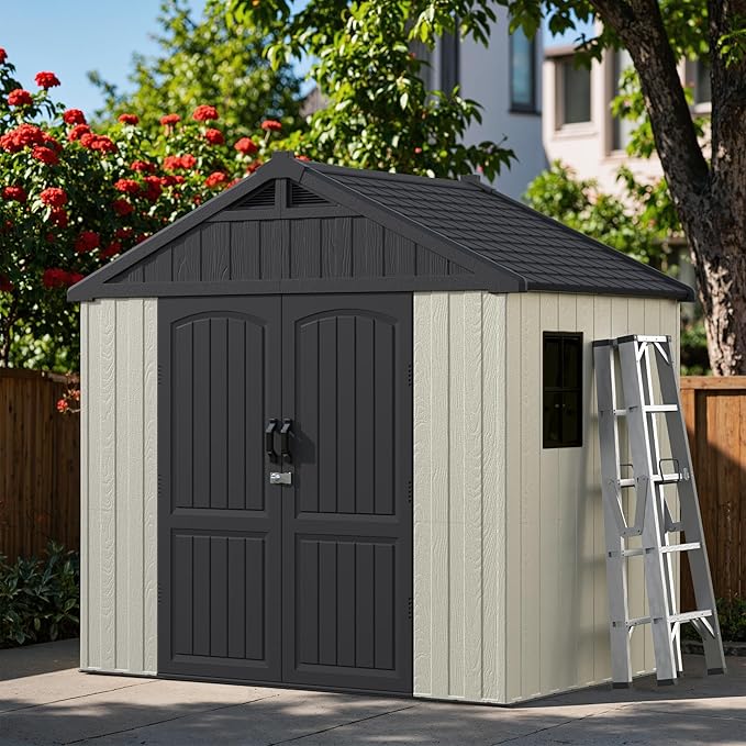 Greesum 8×6 FT Plastic Outdoor Storage Shed with Floor, Resin Sheds with Window and Lockable Door, Weather Resistant Organization for Garden, Lawn, Pool Supplies, Beige