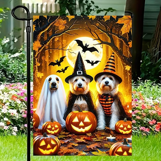 Halloween Ghost Dog Garden Flag Scary Pumpkin Cute Dogs Trio in Witch and Ghost Garden Flag Vertical Double Sided 12x18 Inch Welcome Yard Flag for Halloween Farmhouse Holiday Yard Outdoor