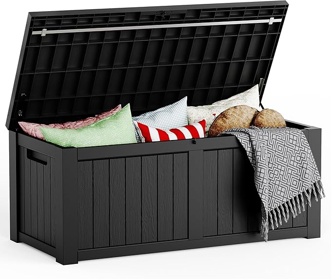 Mars Villa 119 Gallon Deck Box, Large Resin Outdoor Storage Box, Waterproof Storage Bin with Lockable Lid for Patio Furniture Cushions, Pool Supplies, Garden Tools, Weatherproof, Black