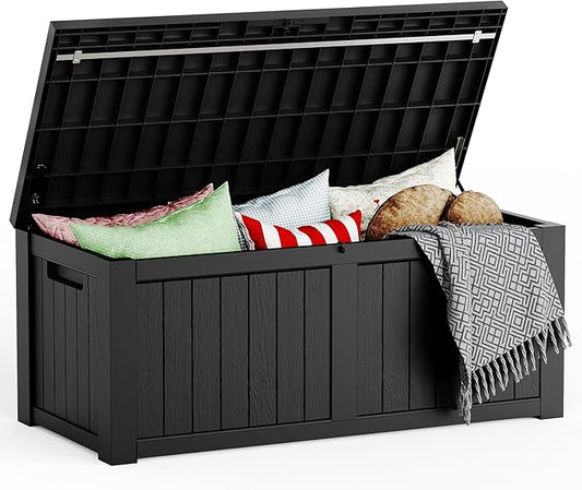 Mars Villa 119 Gallon Deck Box, Large Resin Outdoor Storage Box, Waterproof Storage Bin with Lockable Lid for Patio Furniture Cushions, Pool Supplies, Garden Tools, Weatherproof, Black