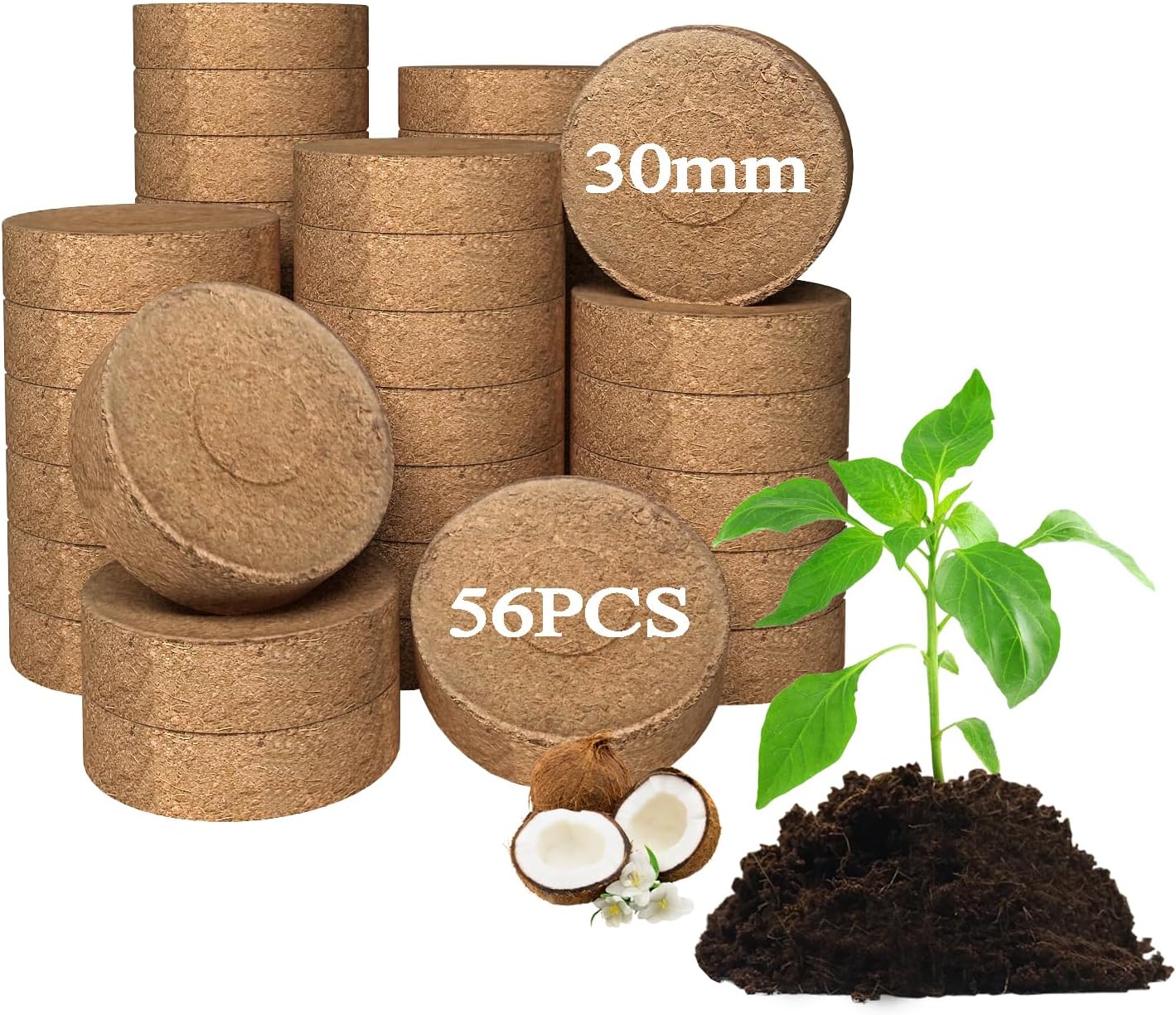 56 Pcs 30mm Compressed Coconut Coir Potting Soil,Coco Coir Pellets for Plants,Coco Fiber Pellets for Planting, Garden, Bonsai, Vegetables & Flower