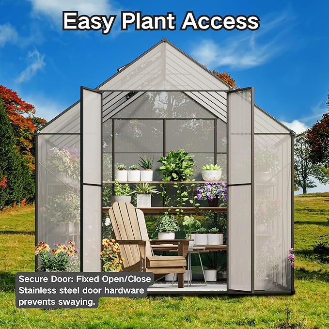 Kingdura 8x12ft Walk-in Greenhouse for Outdoors, Large Polycarbonate Greenhouses with Heavy Duty Aluminum Frame, Adjustable Roof Vent, Lockable Door, UV Protection for Outside Garden Backyard