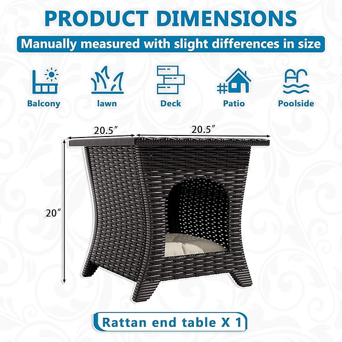 Vista Vibe Patio Wicker Side Table, All-Weather Rattan Furniture, 2 in 1 End Table & Pet Nest for Porch, Sunroom, Garden （Beige）