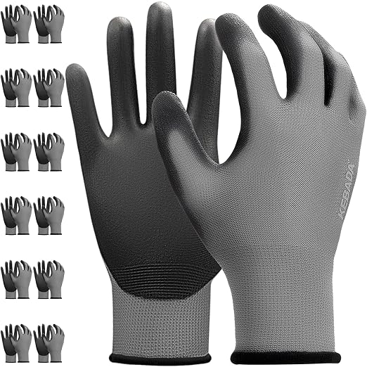 Kebada W1 Work Gloves for Men and Women,12 Pairs Touchscreen Working Gloves with Grip, PU Coating on Palm & Fingers,Gray Small