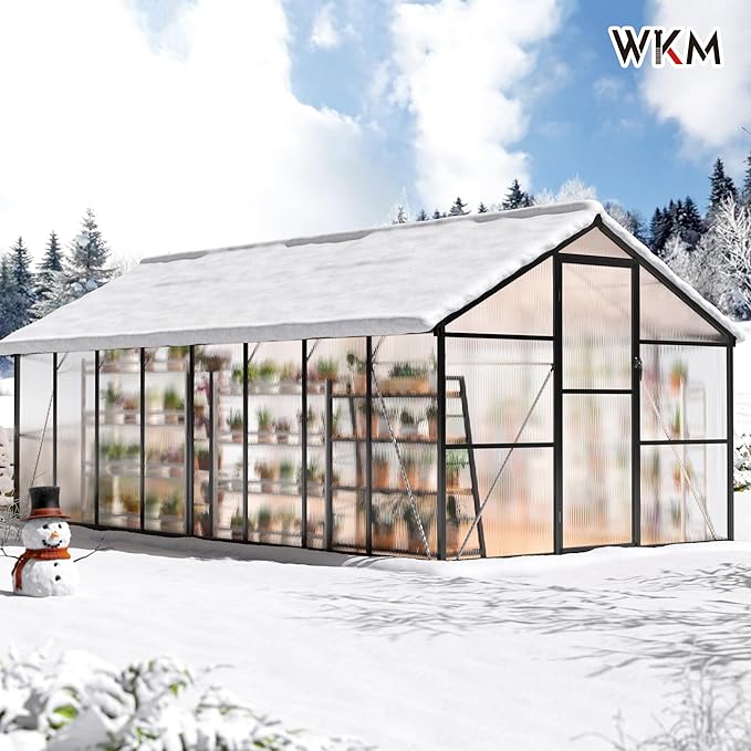 WKM 8x16 FT Greenhouse for Outdoors, Polycarbonate Greenhouse with Roof Vent and Quick Setup Structure, Aluminum Greenhouse for Garden Backyard, Black