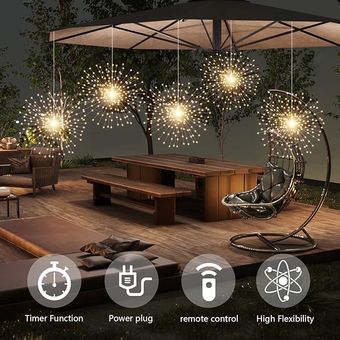 5 Pack 1000LED Plug in Starburst Sphere Lights,Firework Light 8 Modes Dimmable Remote Control Waterproof Hanging Copper Wire Fairy Light for Patio Party Tent Christmas (Warm White)