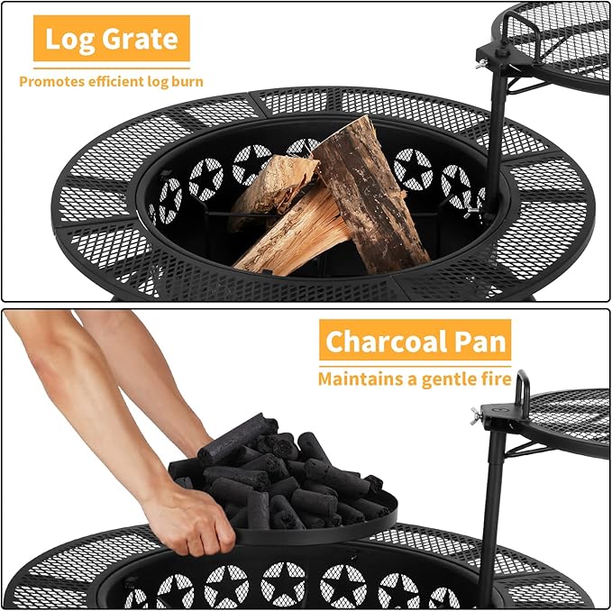 Hykolity 35 Inch Fire Pit with 2 Cooking Grate & Charcoal Pan, Outdoor Wood Burning BBQ Grill Firepit Bowl with Cover Lid, Steel Round Table for Backyard Bonfire Patio Picnic