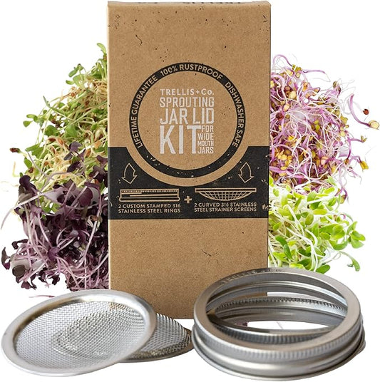 | Stainless Steel Sprouting Kit, 2 Pack | Rust Proof 316 Stainless, Curved Mesh, Fits Most Wide Mouth Mason Jars | Grow Your Own Organic Sprouts from Seeds, Sprouter