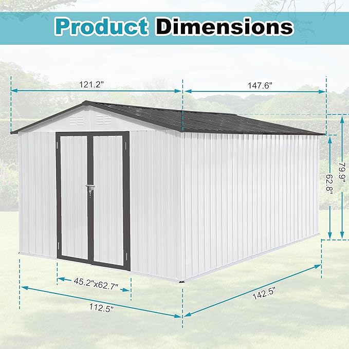 10x12 FT Outdoor Storage Shed, Metal Tool Shed with Lockable Doors & Peaked Roof, Garden Shed with Vented Design for Backyard Garden Patio Lawn, White+Gray