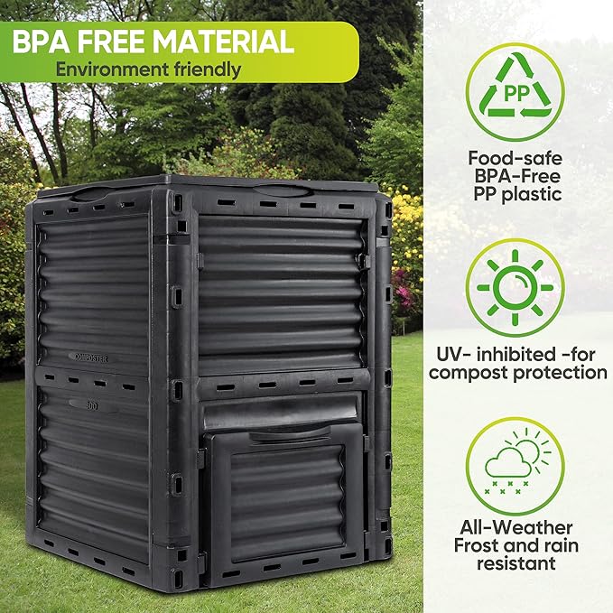 JupiterForce Garden Compost Bin 80 Gallon (300 L) from BPA Free Material, Large Composting Bin Outdoor Composter, Easy Assembling, Fast Creation of Fertile Soil, Lightweight, Black