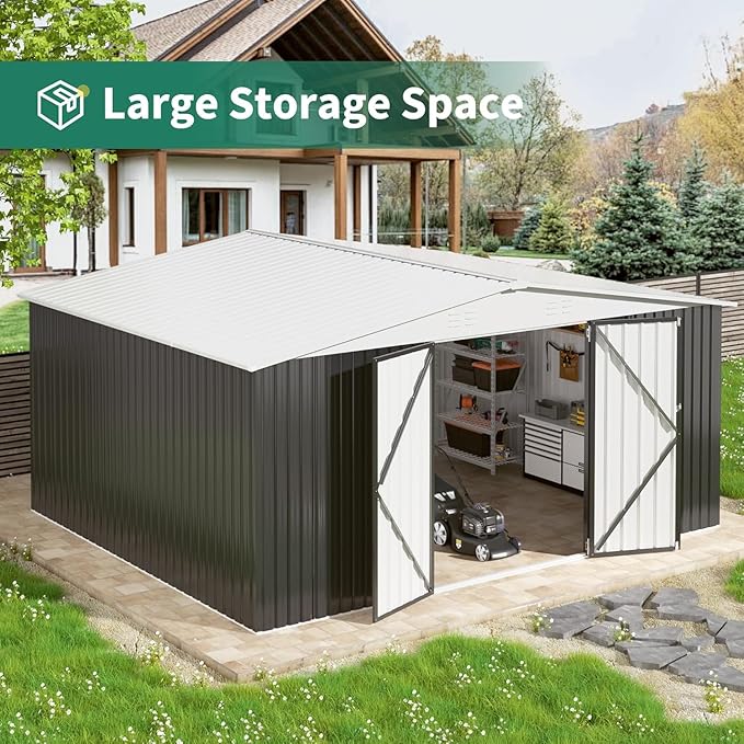 12x14 FT Outdoor Storage Shed, Garden Shed with Updated Frame Structure and Lockable Doors, Metal Tool Sheds for Backyard Garden Patio Lawn, White