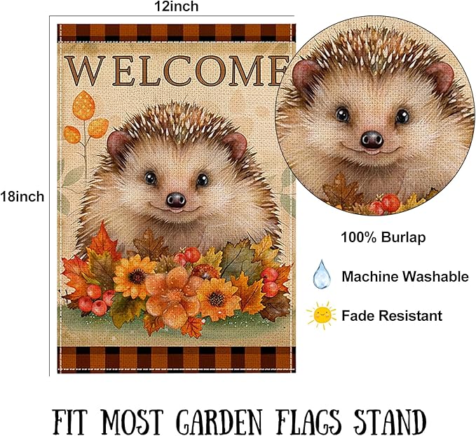 Fall Garden Flag 12 x 18 Inch Double Sided Cute Hedgehog Maple Leaves Sunflower Designs Autumn Burlap Yard Flag for Outside Rustic Yard Outdoor Holiday Home Decoration
