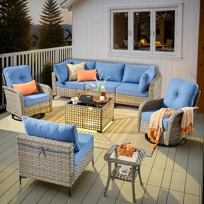 HOOOWOOO Outdoor Patio Furniture Set,8 Pieces Wicker Out Door Sectional Furniture L Shaped Couch,Patio Conversation Sets with Swivel Rocking Chair LED Table,Blue
