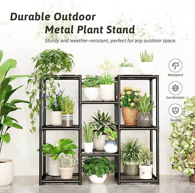 Plant Stand Indoor Outdoor Metal Plant Shelf 5 Tiers Corner Plant Rack for Multiple Plants Flower Holder for Patio Balcony Garden Black