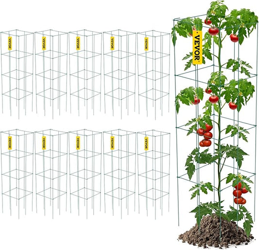 VEVOR Tomato Cages, 11.8" x 11.8" x 46.1", 10 Packs Square Plant Support Cages, Green PVC-Coated Steel Tomato Towers for Climbing Vegetables, Plants, Flowers, Fruits