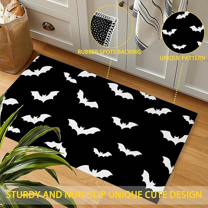 Front Door Mat,Gothic Bats Doormat Outside Entrance,Non-Slip Halloween Entryway Rug for Porch Patio, Felt Low Profile Welcome Mat Indoor for Hallways, 30 x 17 Inch