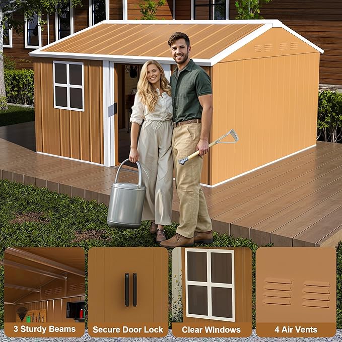 KEIKI 12FT x 10FT Heavy-Duty Metal Storage Shed, Outdoor Storage Shed with Floor & Window and Lockable Doors, Weatherproof Outdoor Garden Shed for Garden, Backyard, Patio, Lawn