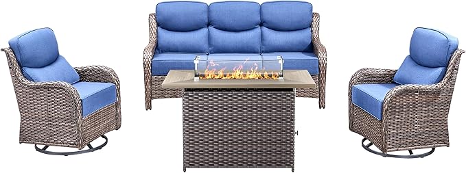 Luxury High Back Outdoor Furniture 6-Inch Thick Cushions with 50,000 BTU Gas Propane Fire Pit Tablet, Patio Furniture Set with Swivel Chairs, for Porch, Balcony, Deck and Yard