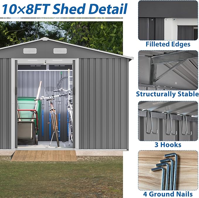 10X8 FT Outdoor Storage Shed, All Weather Metal Sheds with Lockable Doors, Tool Shed for Garden, Patio, Backyard, Lawn (Grey with Floor Frame, 10x8ft)