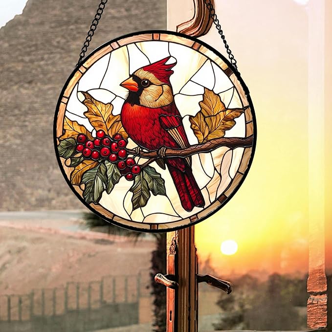 Stained Glass Window Hanging, Birds on a Branch Cardinal Sun Catchers Diamond Glass Panel Hangings Suncatcher Decor for Birthday for Women, Men, Wife, Aunt, and Mom 14.9x14.9 in