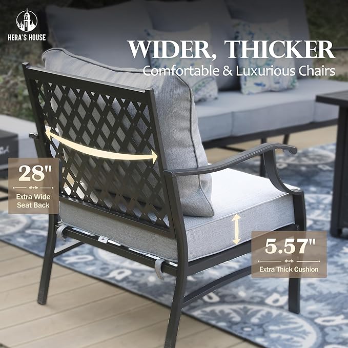 HERA'S HOUSE 7 Piece Patio Furniture Set, 4 x Metal Cushioned Chair, 2 x Cushioned Ottoman, 1 x 3-Seat Sofa, Outdoor Conversation Set for Lawn Garden Backyard, Grey