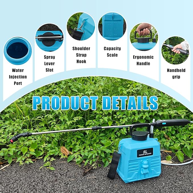 Battery Powered Sprayer 1.35 Gallon, Electric Garden Sprayer with 3 Mist Nozzles,Retractable Wand, Adjustable Strap for Lawn, Garden, Yard (Blue)