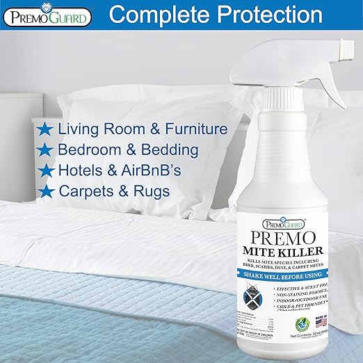 Premo Guard Mite Treatment Spray – 32 oz – Kills Dust, Scabies, Spider, Carpet, Bird, Mouse & Rat Mites in Home, on Furniture, Bedding – Natural Non-Toxic 100% Effective – Child & Pet Safe