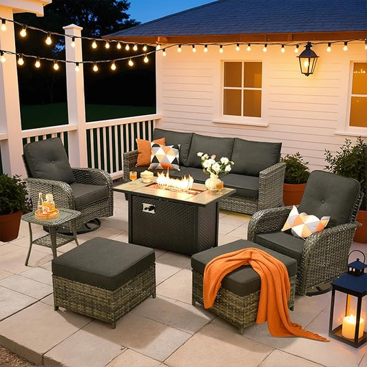 HOOOWOOO Outdoor Patio Furniture Set,7 Pieces Wicker Conversation Set,All Weather Couch Set with Fire Pit Table Swivel Chairs Ottoman 7 Seaters for Out Door Yard(Black)