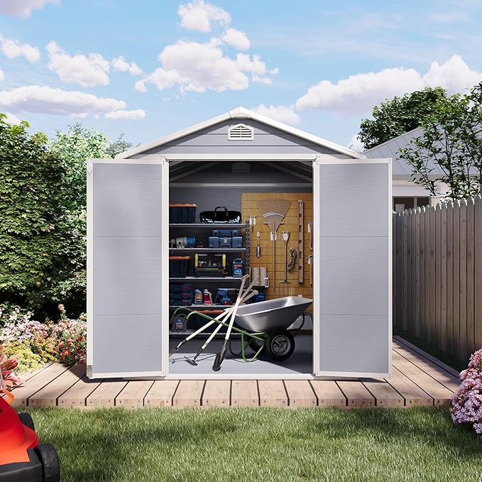 Storage Shed Plastic Outdoor Storage Shed Waterproof Container House with Lockable Door and Transparent Window for Garden, Lawn, Backyard, Patio (6x8FT)
