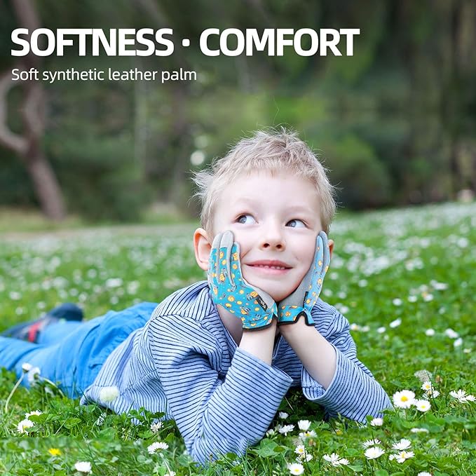 Vgo... 1-Pair Age 8-9 Kids Gardening Gloves,Children Yard Work Gloves,Soft Safety Outdoor Playing Gloves (Size XXL,Blue Plane, KID-MF7362)