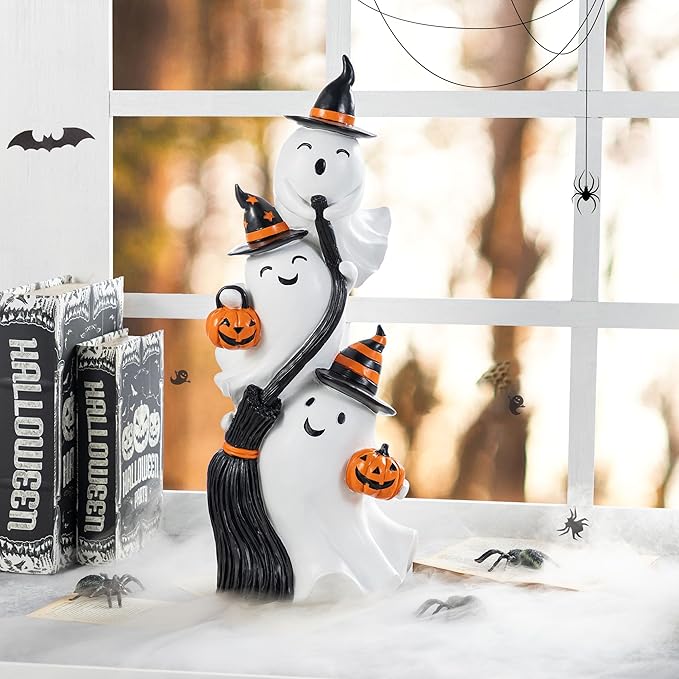 Glitzhome Halloween Front Porch Decor, 21.75" H Resin Stacked Ghost Standing Sign for Indoor Patio Party Decorations
