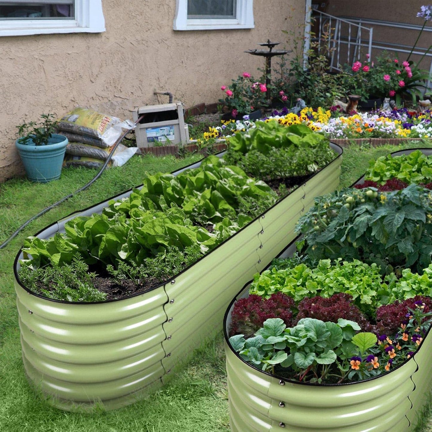 Olle Galvanized Raised Garden Bed Elevated Raised Garden Bed Metal 17" Tall 12-in-1 Grow Herbs and Vegetables Home Garden for Outdoor Backyard, Sage Green 17" Tall