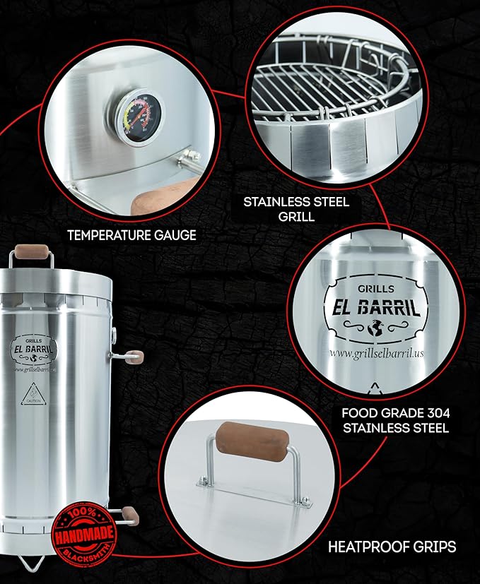 EL BARRIL 45lbs Grill & Smoker Barrel, Stainless Steel Charcoal Smoker Grill – Portable Outdoor Smokers with Even Heat Distribution & Grilling Accessories