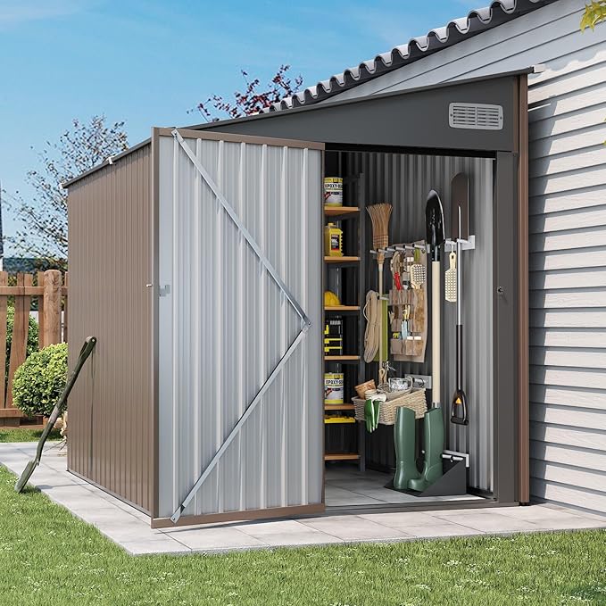 7'x5.5' Lean to Shed Galvanized Steel Storage Sheds with Side Door Waterproof Utility Shed with Sloped Roof for Mower, Bike, Garden Tools (Brown)