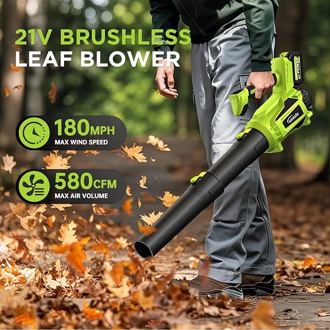 Leaf Blower Cordless, WOKEGI 21V 2 x 4.0Ah Batteries and Fast Charger, with 5-Speeds & Turbo Mode Electric Cordless Leaf Blower, Brushless,3 Tubes for Patio,Lawn,Yard,Garage,Blowing Leaves, Dust, Snow