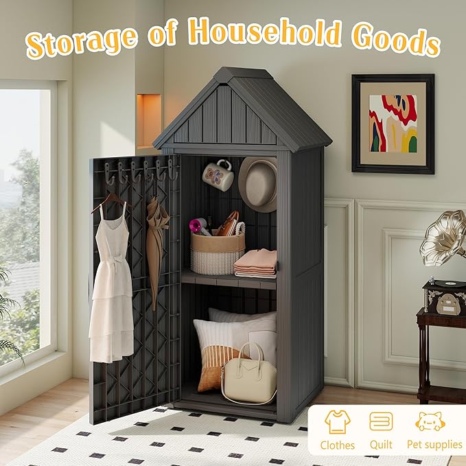 Storage Shed Outdoor Lockable,Waterproof Resin Garden Tool Shed, Heavy-Duty Weather-Resistant Cabinet for Patio, Backyard, or Garage (Black)